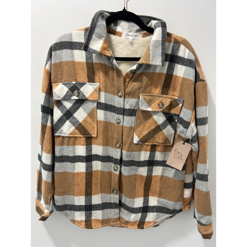 Eden & Olivia Womens Plaid Sherpa Lined Shacket Jacket Ivory Apricot Medium